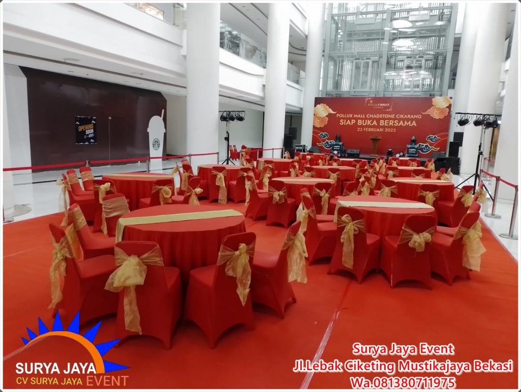 Sewa Meja Bundar Taplak Merah Topping Merah Siap Kirim