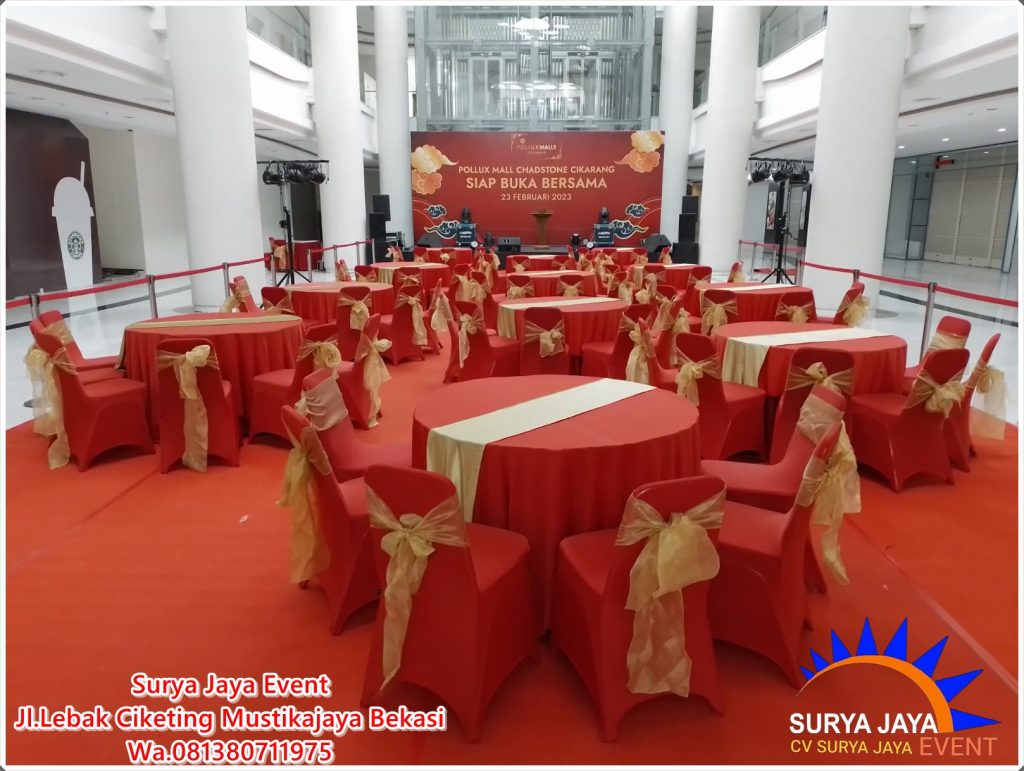 Sewa Meja Bundar Taplak Merah Topping Merah Siap Kirim