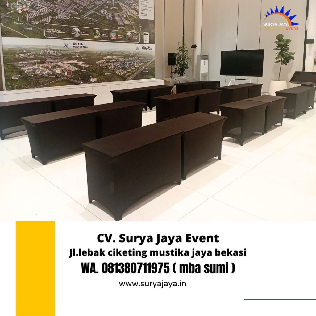 Sewa Meja Kotak HPL Ukuran 120x60cm Cover Ketat Hitam CINITY Cikarang