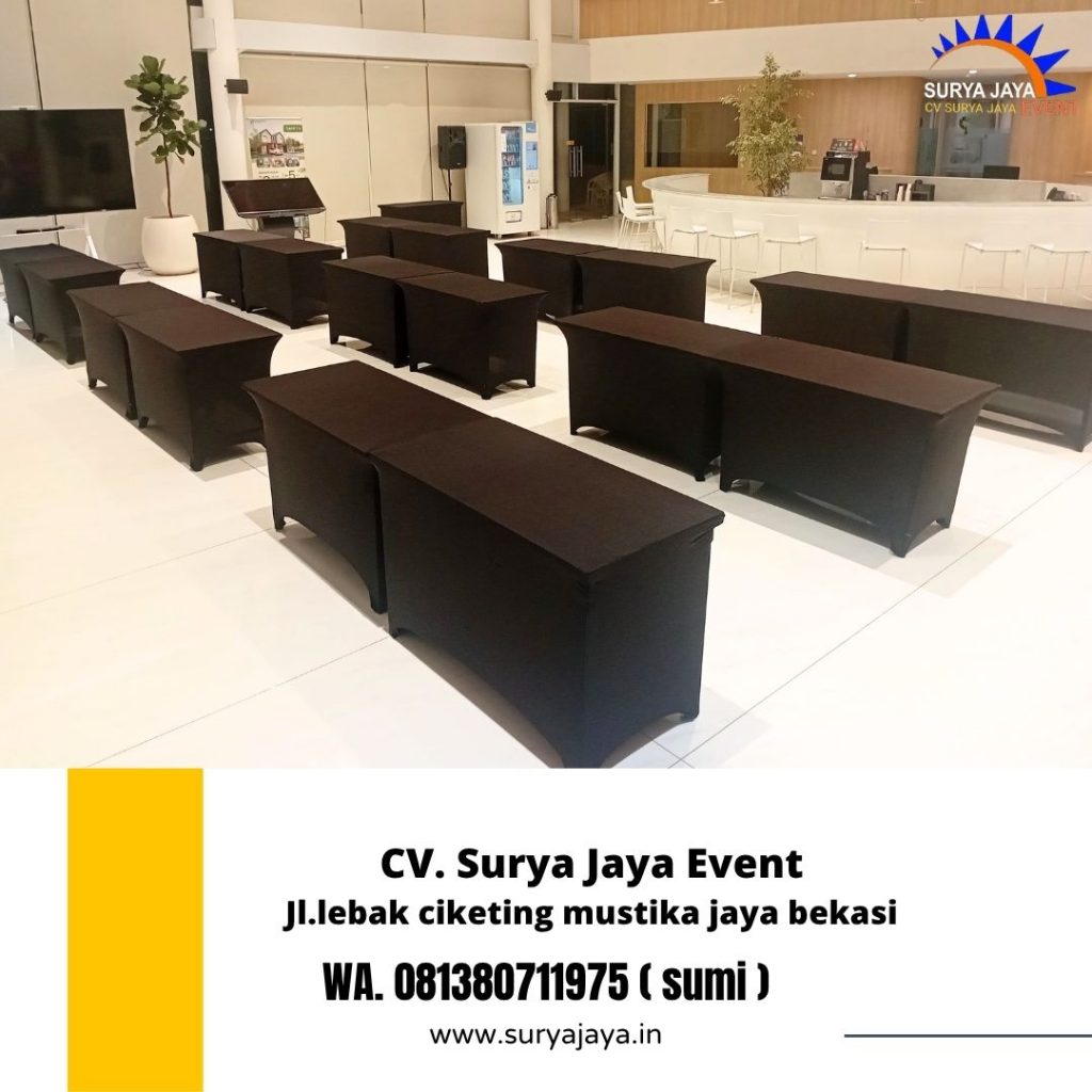 Sewa Meja Kotak HPL Ukuran 120x60cm Cover Ketat Hitam CINITY Cikarang