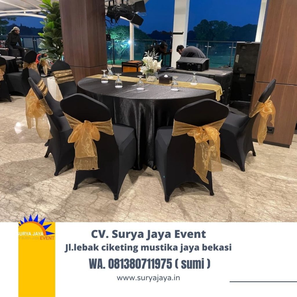 Sewa Meja Bulat Dan Kursi Futura Cover Hitam Event di Jakarta