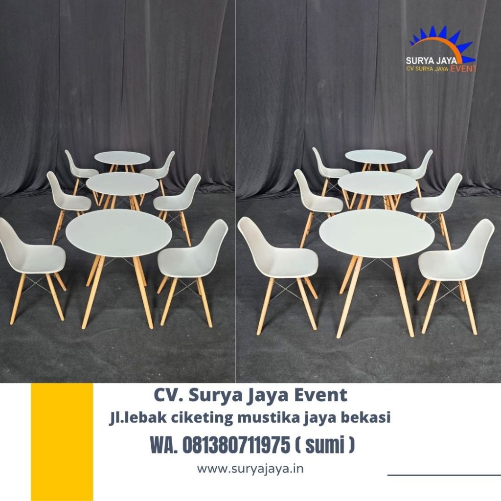 Sewa Meja Retro Putih Kaki Kayu Perum Kodam Bekasi