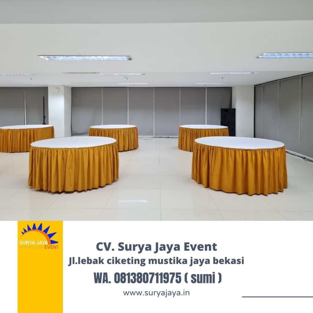 Sewa Round Table Cover Putih  Skirting Gold Di Jakarta
