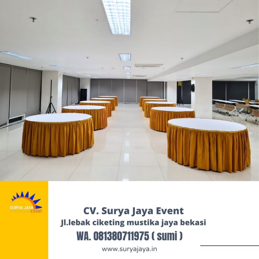 Sewa Round Table Cover Putih  Skirting Gold Di Jakarta