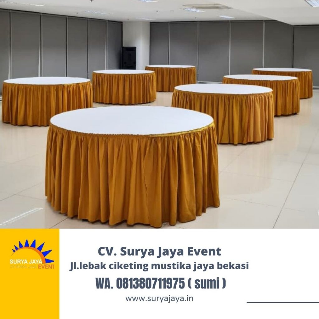 Sewa Round Table Cover Putih  Skirting Gold Di Jakarta