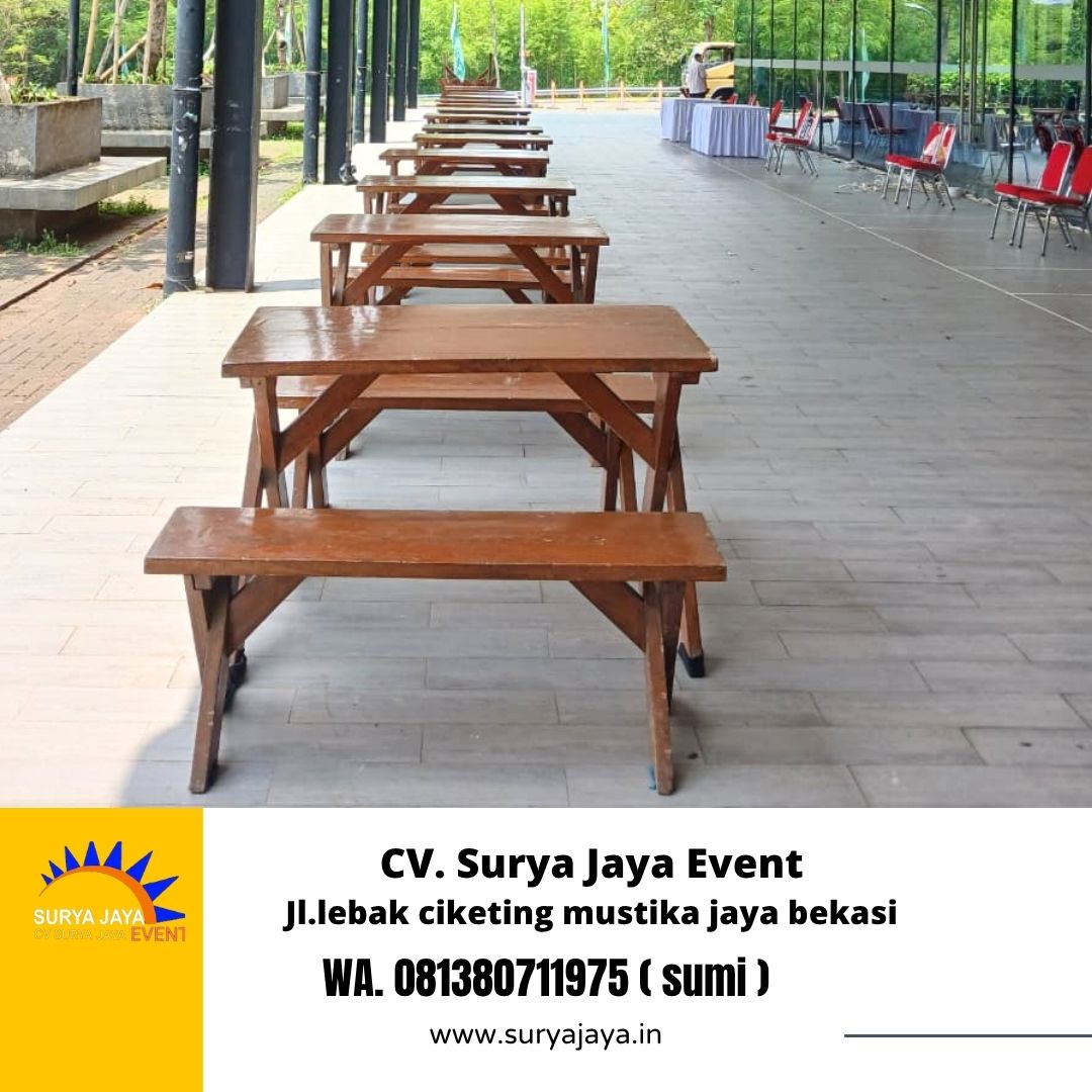 Sewa Meja Bangku Taman Kayu Kaki Silang Di Jakarta