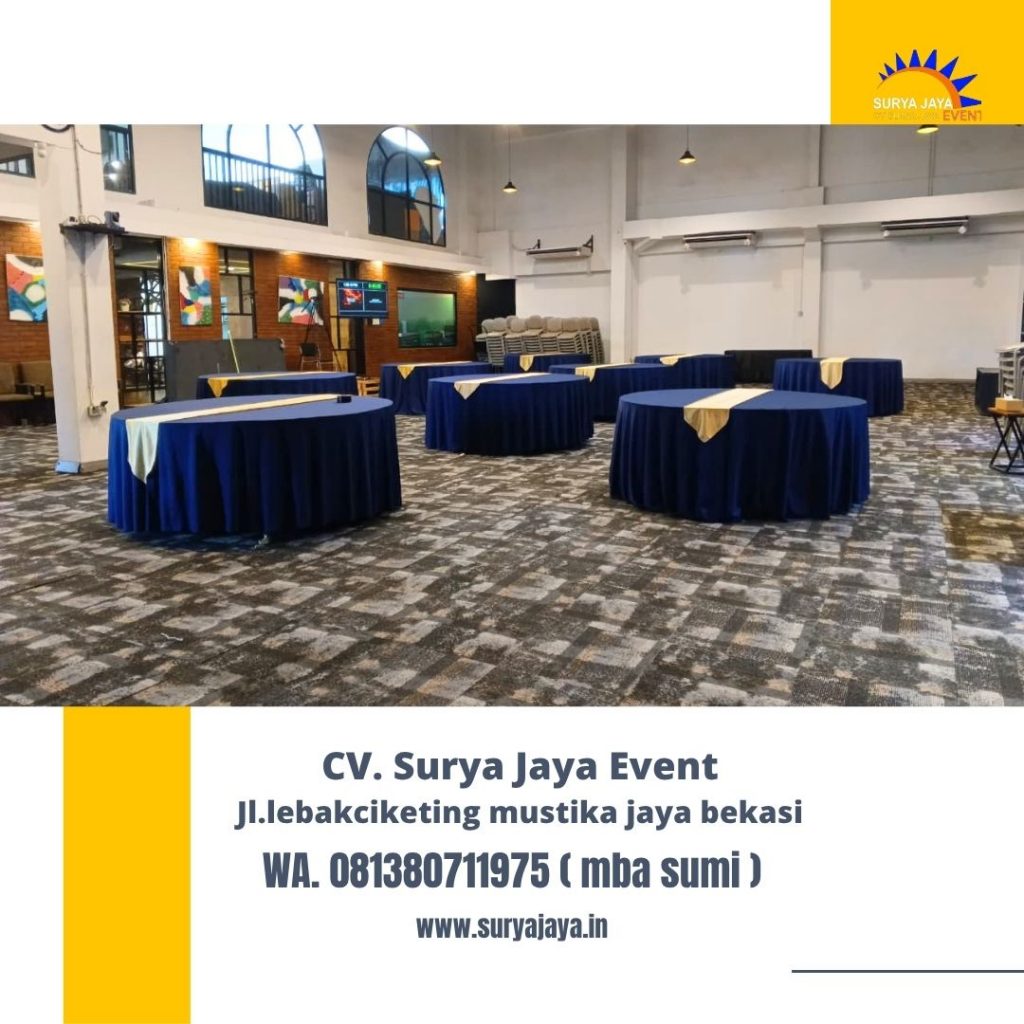 Sewa Meja Bundar Taplak Hitam Runner Gold Area Jakarta