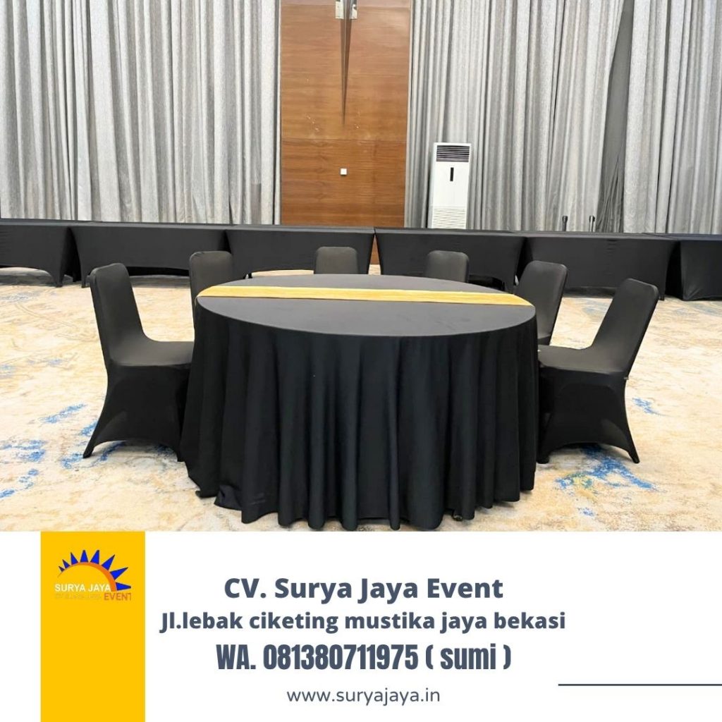 Sewa Meja Bundar Taplak Hitam Event Q-Bic BSD