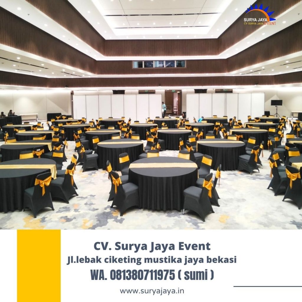 Sewa Round Table Runner Gold Dan Kursi Pita Gold Di Jakarta