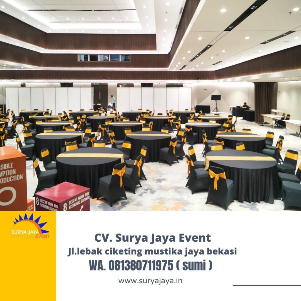 Sewa Round Table Runner Gold Dan Kursi Pita Gold Di Jakarta