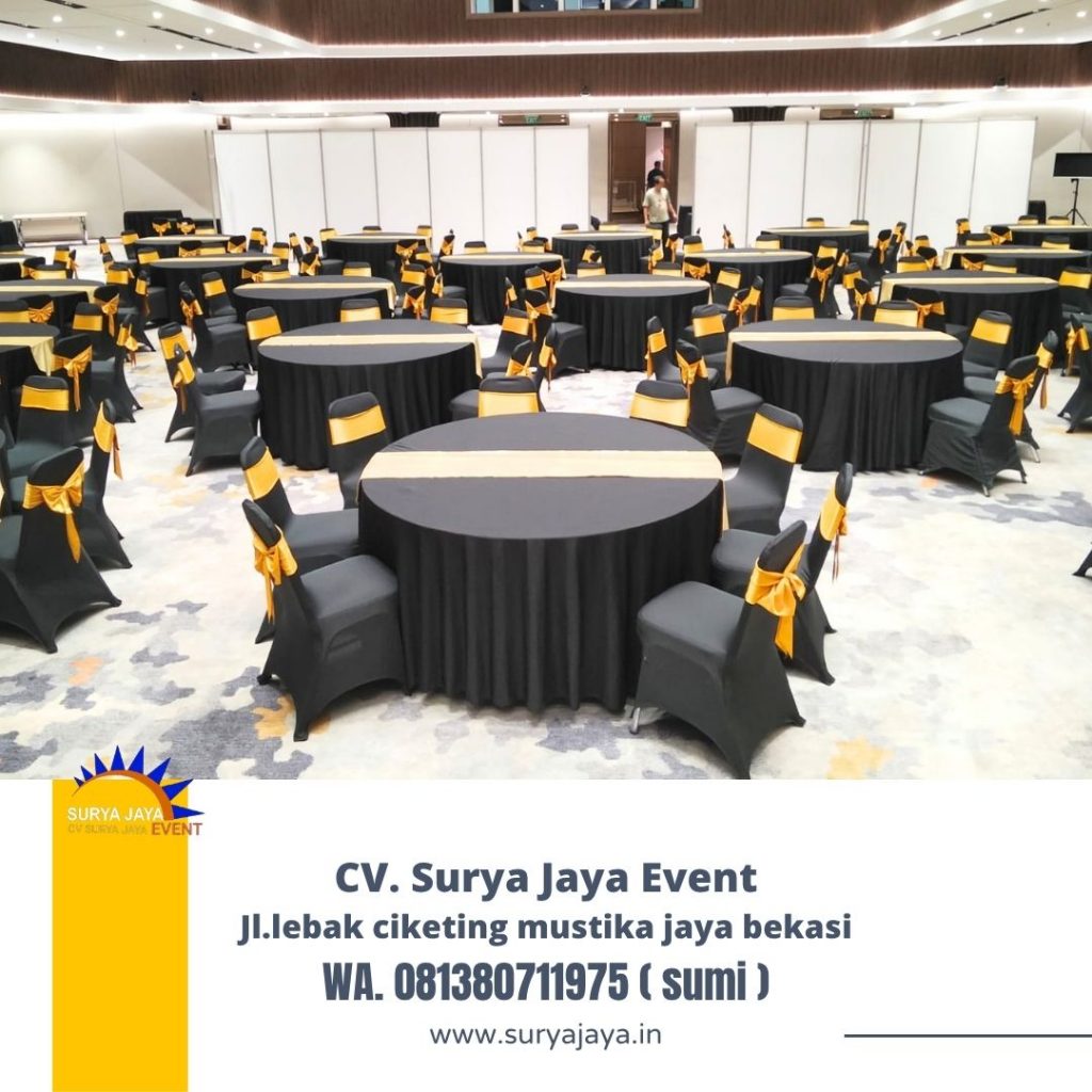Sewa Round Table Runner Gold Dan Kursi Pita Gold Di Jakarta