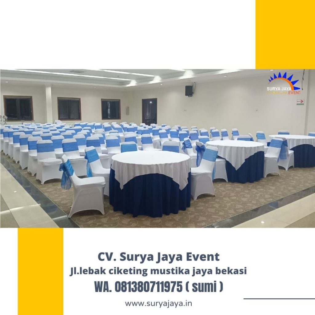 Rental Meja Bundar,Meja Kotak Cover Skirting Biru Jakarta