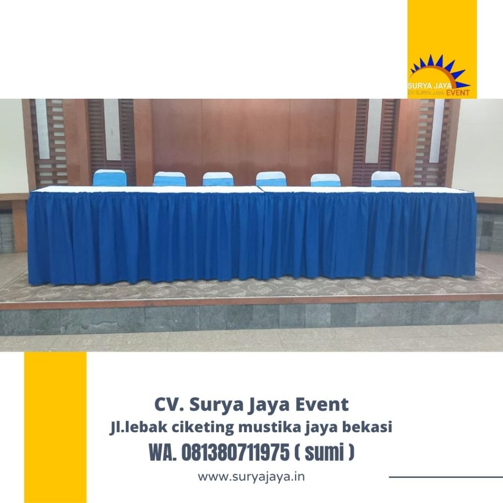 Rental Meja Bundar,Meja Kotak Cover Skirting Biru Jakarta