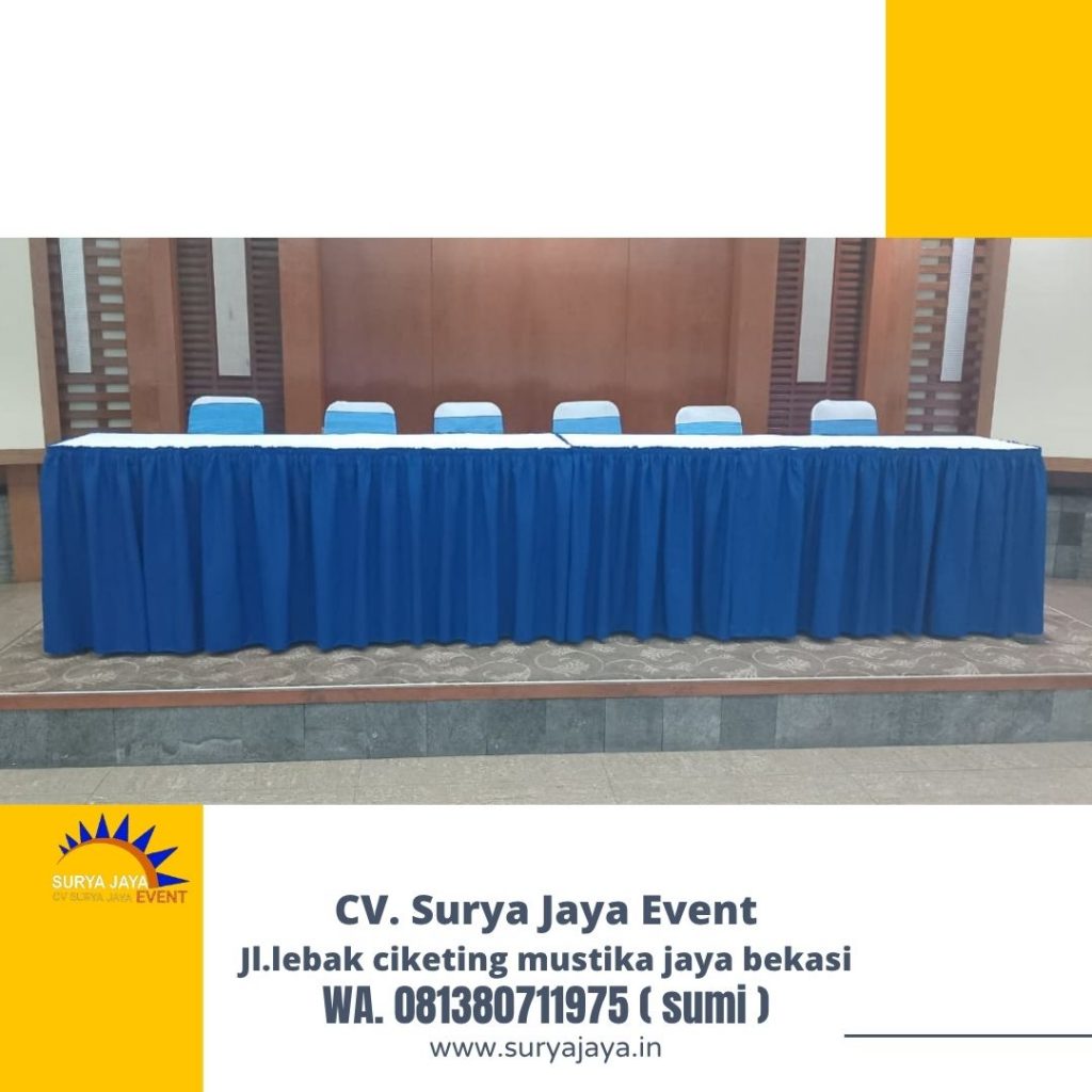Rental Meja Bundar,Meja Kotak Cover Skirting Biru Jakarta