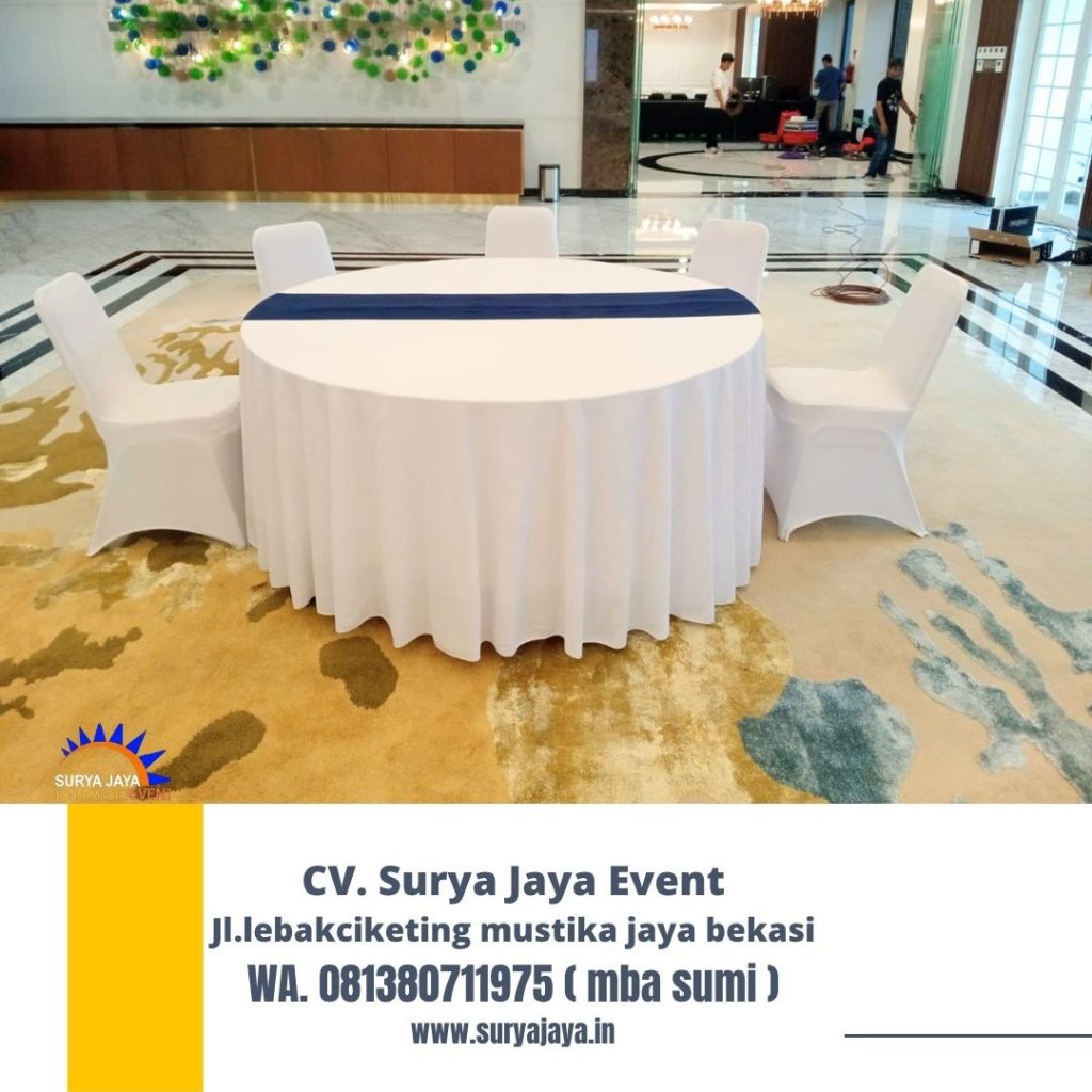 Sewa Meja Bulat Dan Kursi Futura Cover Putih Event Briliant Club Jakarta Selatan