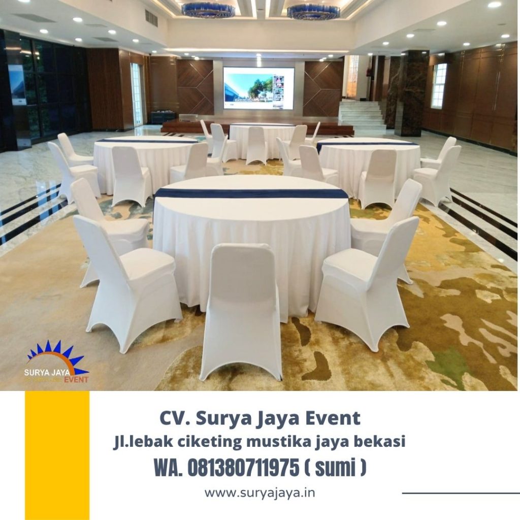Sewa Meja Bulat Dan Kursi Futura Cover Putih Event Briliant Club Jakarta Selatan