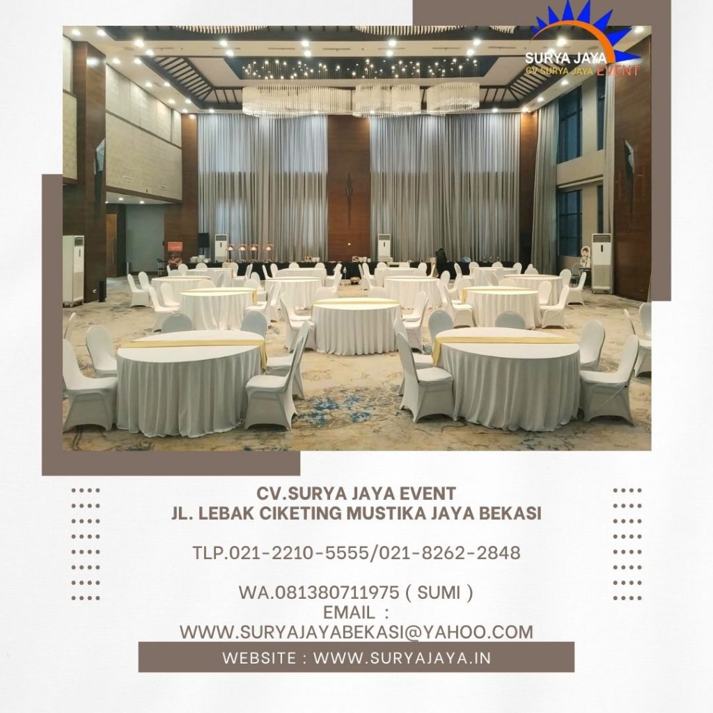 Sewa Meja Bulat Taplak Tebar Putih Runner Gold Jakarta