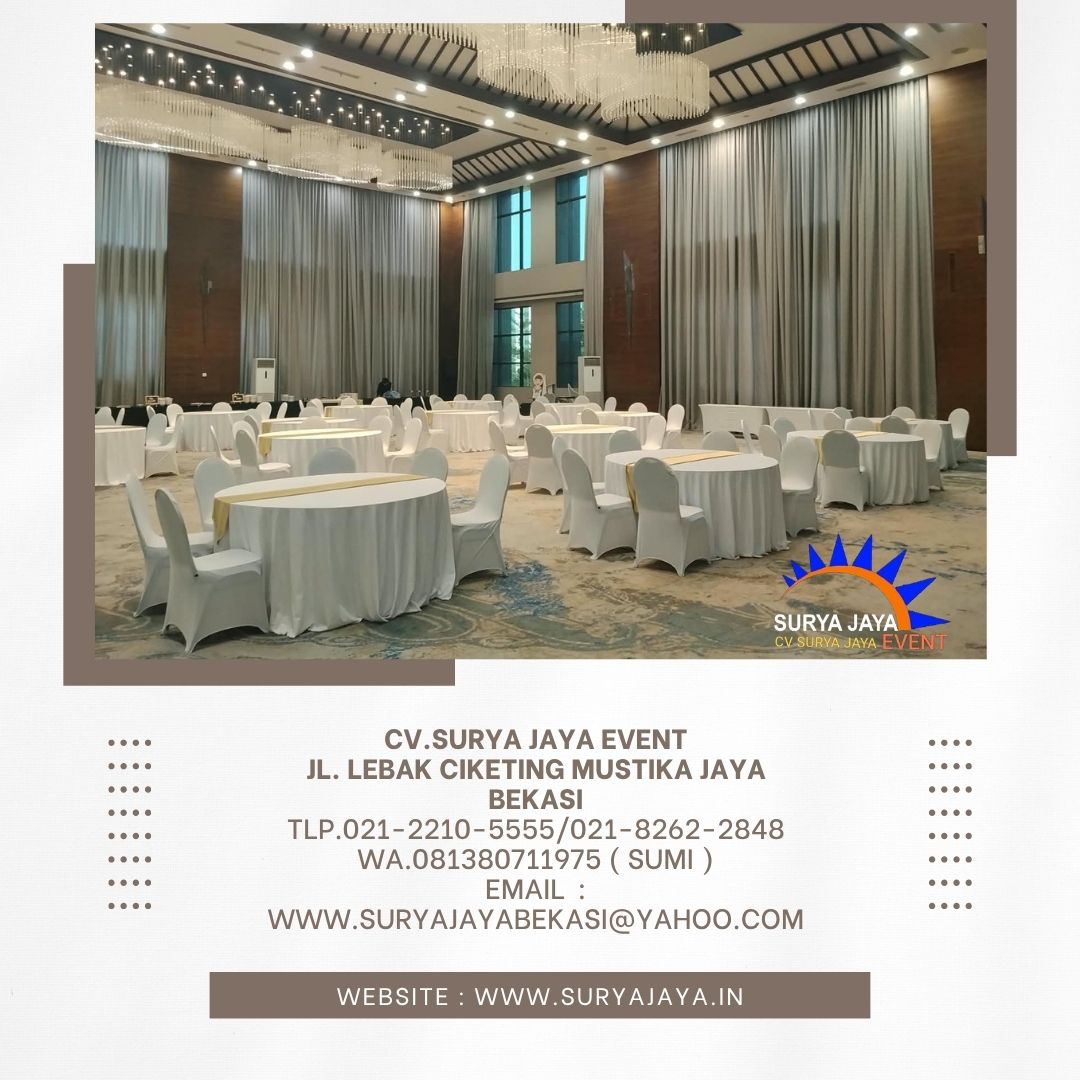 Sewa Meja Bulat Taplak Tebar Putih Runner Gold Jakarta