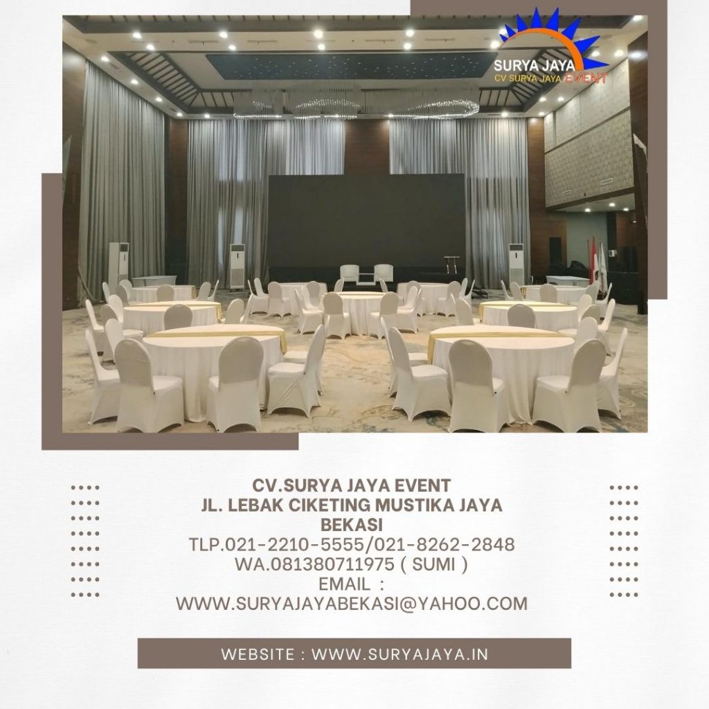Sewa Meja Bulat Taplak Tebar Putih Runner Gold Jakarta