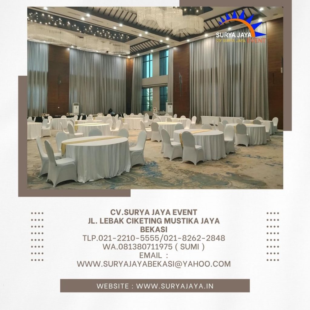 Sewa Meja Bulat Taplak Tebar Putih Runner Gold Jakarta