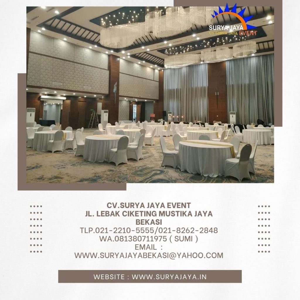 Sewa Meja Bulat Taplak Tebar Putih Runner Gold Jakarta