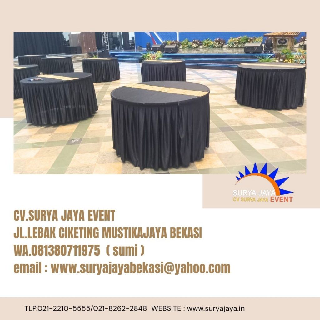Sewa Round Table Cover Hitam Runner Gold Kemendikbud Jakpus