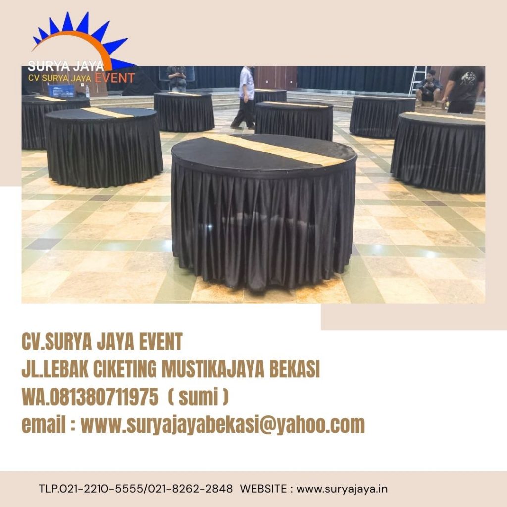 Sewa Round Table Cover Hitam Runner Gold Kemendikbud Jakpus