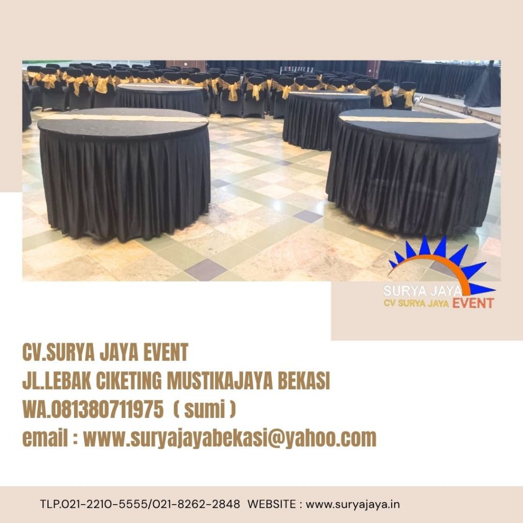 Sewa Round Table Cover Hitam Runner Gold Kemendikbud Jakpus