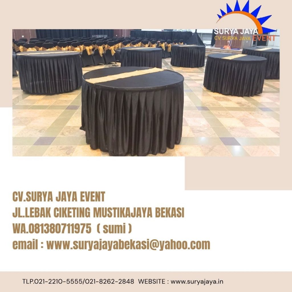 Sewa Round Table Cover Hitam Runner Gold Kemendikbud Jakpus